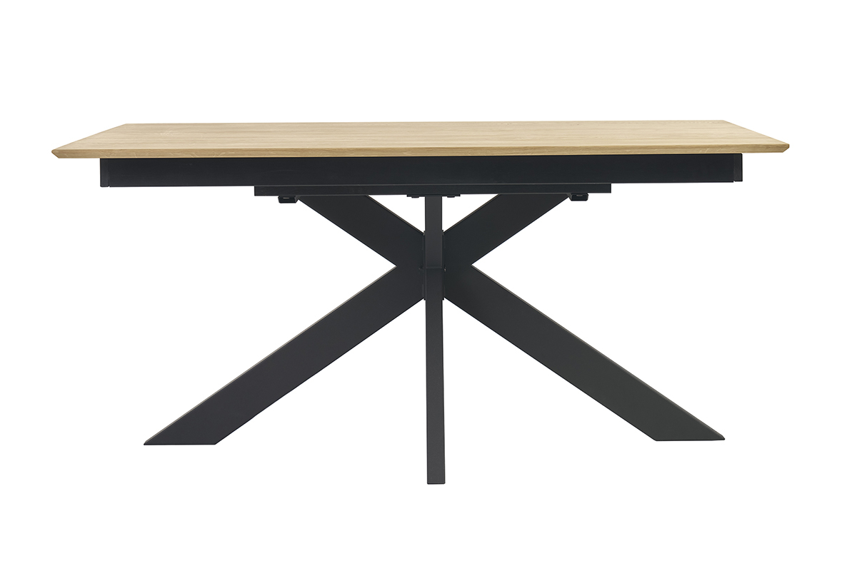 Tavolo da pranzo rettangolare allungabile in rovere massello su gambe incrociate, vista frontale.