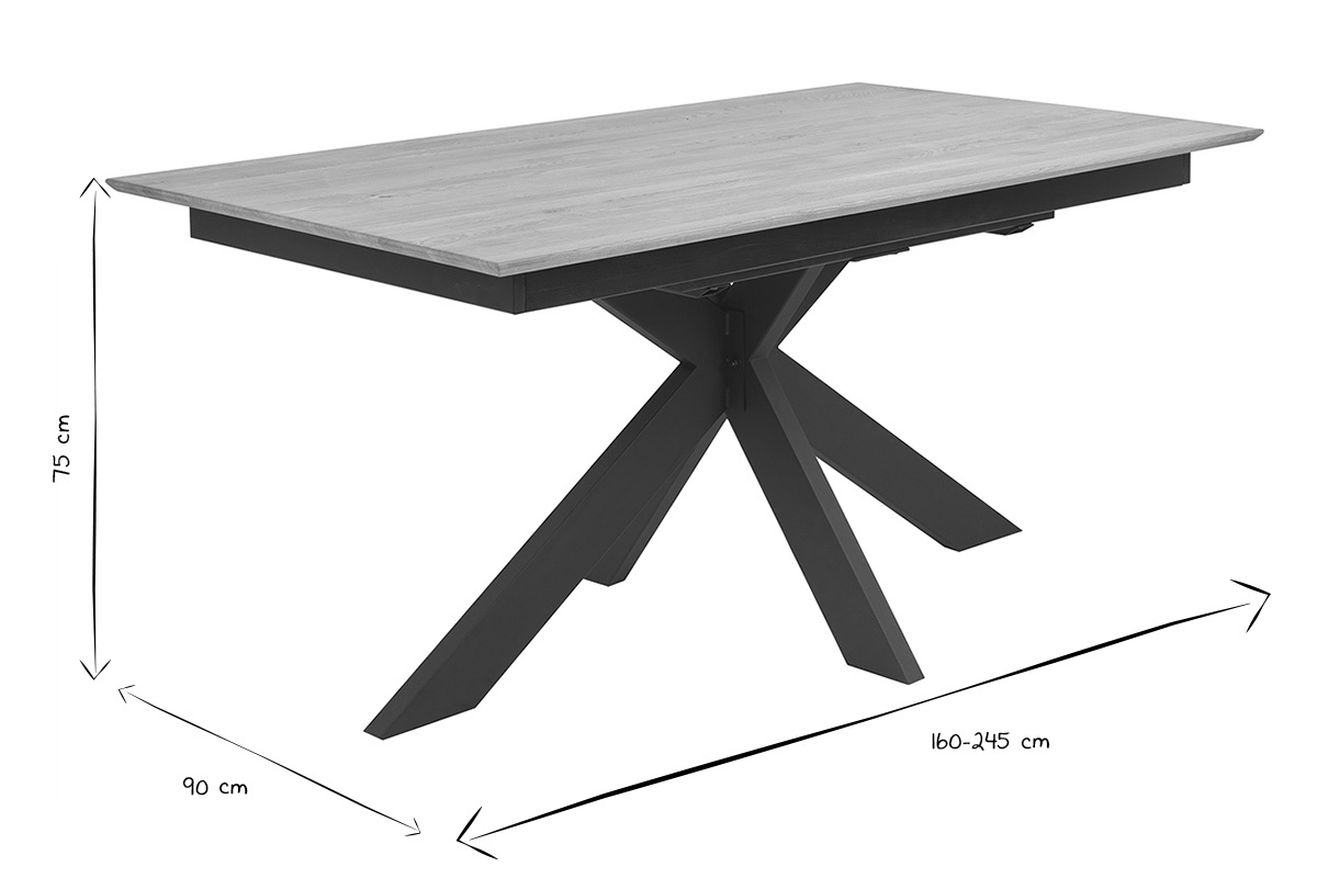 Tavolo da pranzo AGATA allungabile in rovere massello, dimensioni 160-245x90x75 cm, vista in bianco e nero.