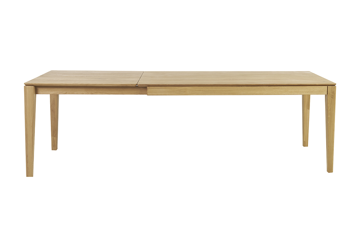 Tavolo da pranzo rettangolare in legno chiaro con prolunga vista frontale.