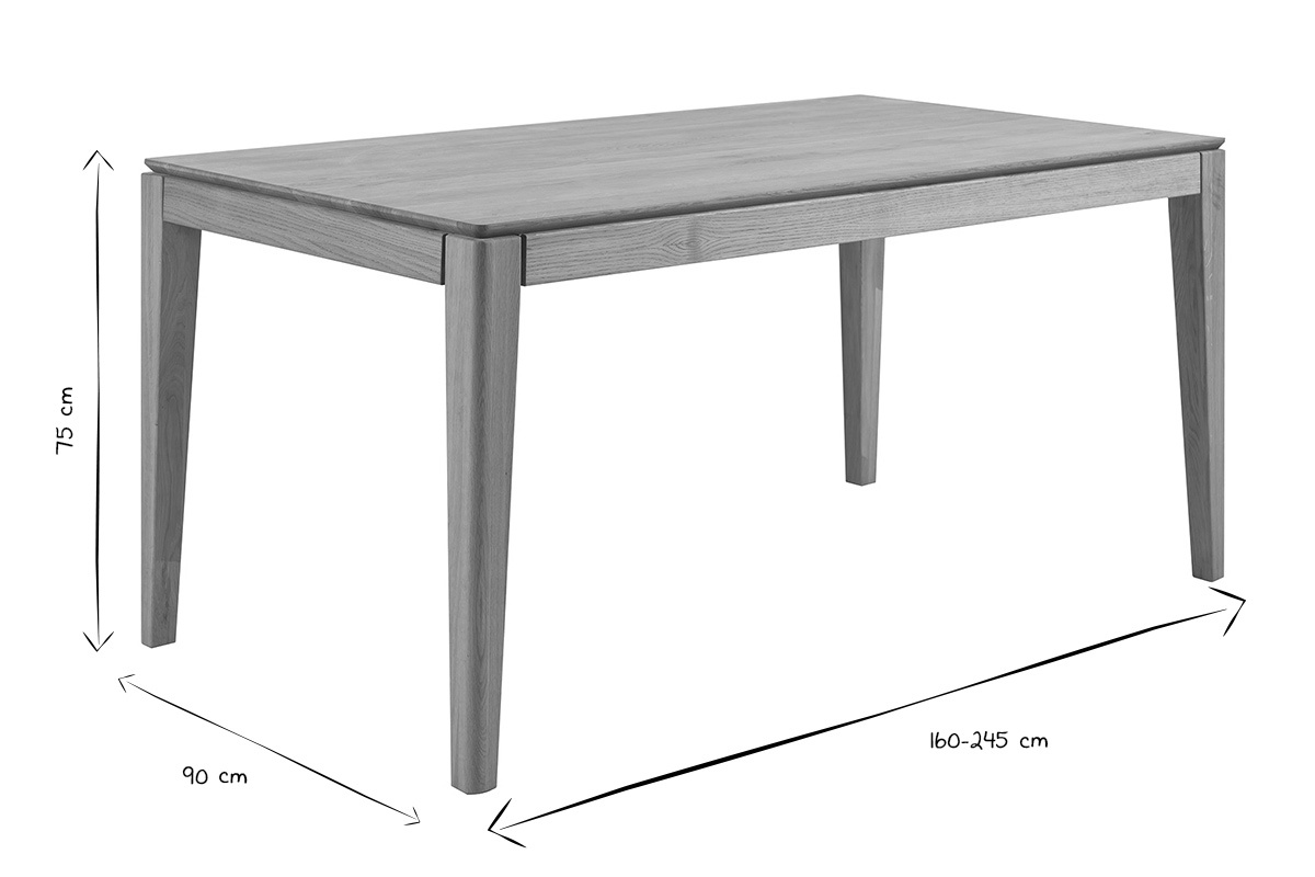 Tavolo rettangolare in legno con dimensioni 160-245 cm di lunghezza, 90 cm di larghezza, 75 cm di altezza, in nero e bianco.