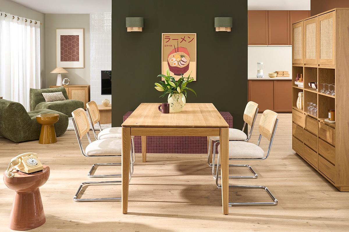 Tavolo da pranzo rettangolare allungabile con prolunga integrata in legno chiaro di rovere massiccio L160-245 cm NELYA