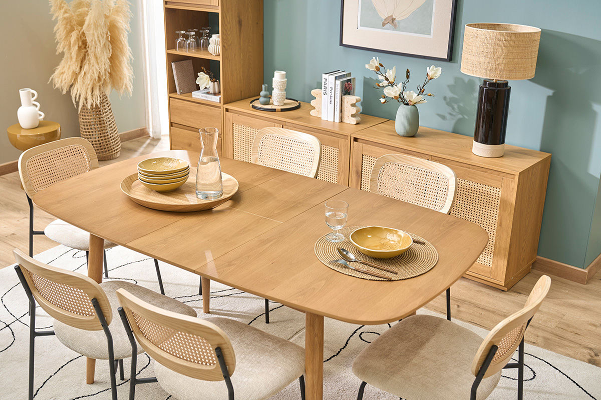 Tavolo da pranzo rettangolare allungabile in legno chiaro di quercia L130-160 cm HELMA