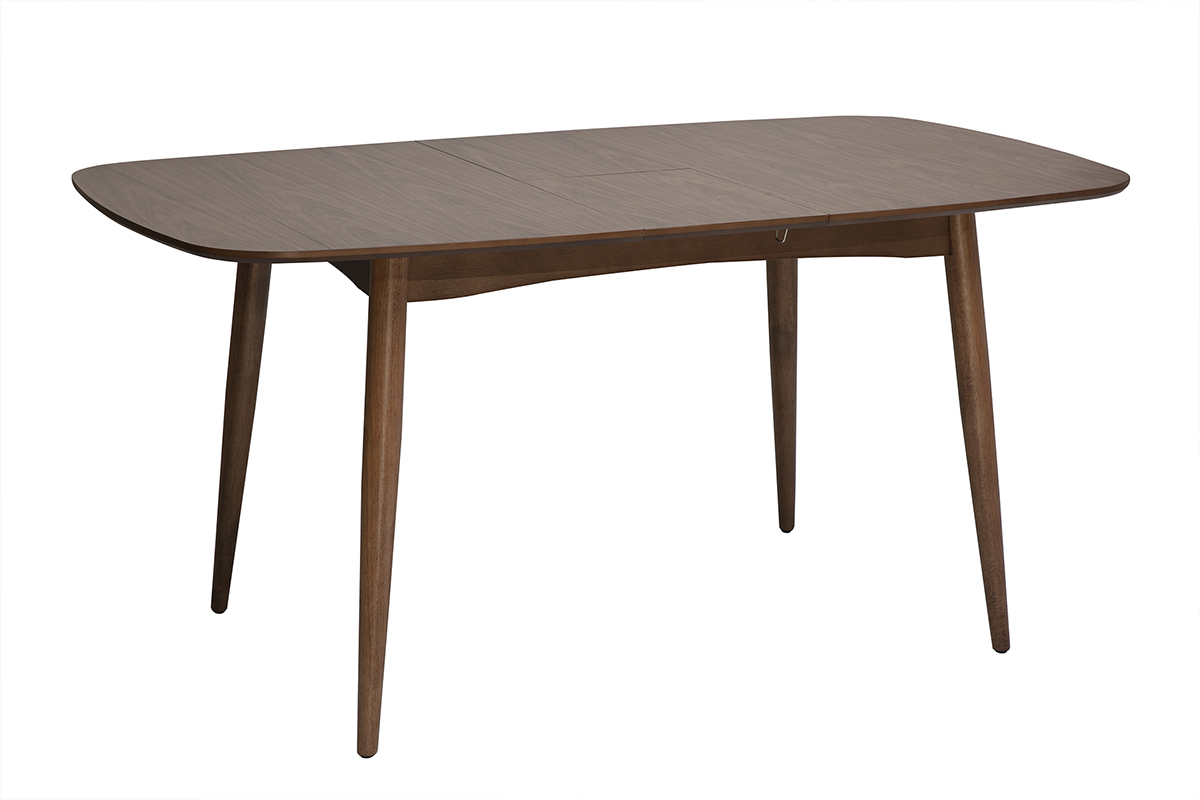 Tavolo da pranzo rettangolare allungabile in legno scuro noce, vista tre quarti.