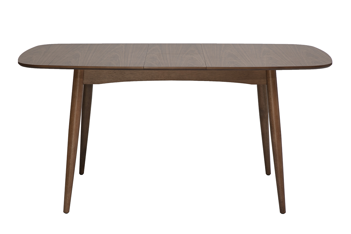 Tavolo da pranzo allungabile in legno noce scuro, vista frontale, dimensioni L130-160 x P90 x H76 cm.