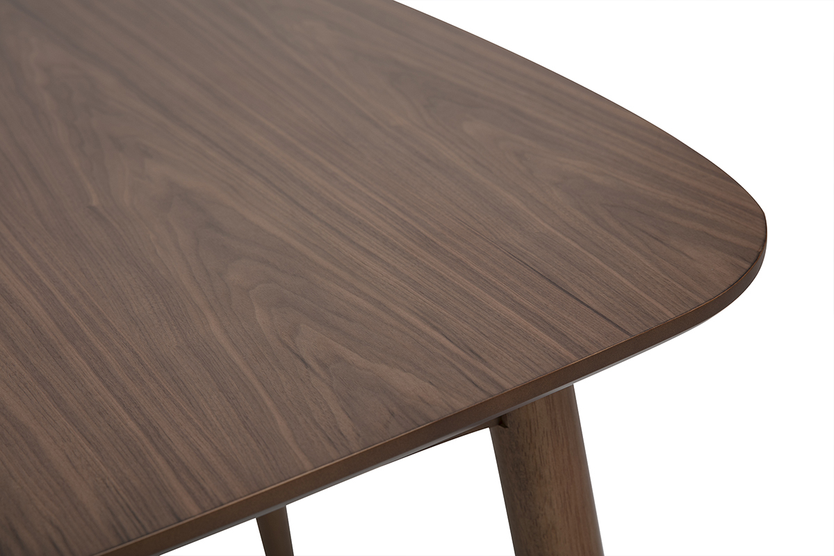 Piano del tavolo da pranzo rettangolare allungabile in legno scuro noce, vista in primo piano.