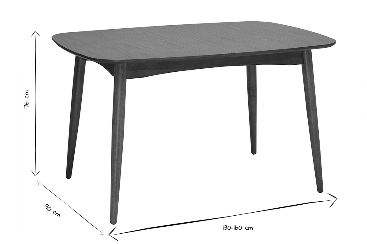 Dimensioni del tavolo da pranzo rettangolare allungabile in legno scuro, L130-160 x P90 x H76 cm, in bianco e nero.