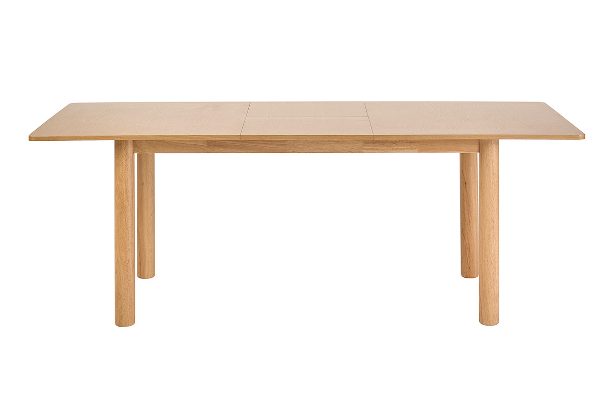 Tavolo da pranzo rettangolare allungabile in legno chiaro, vista frontale, dimensioni L160-210 cm.