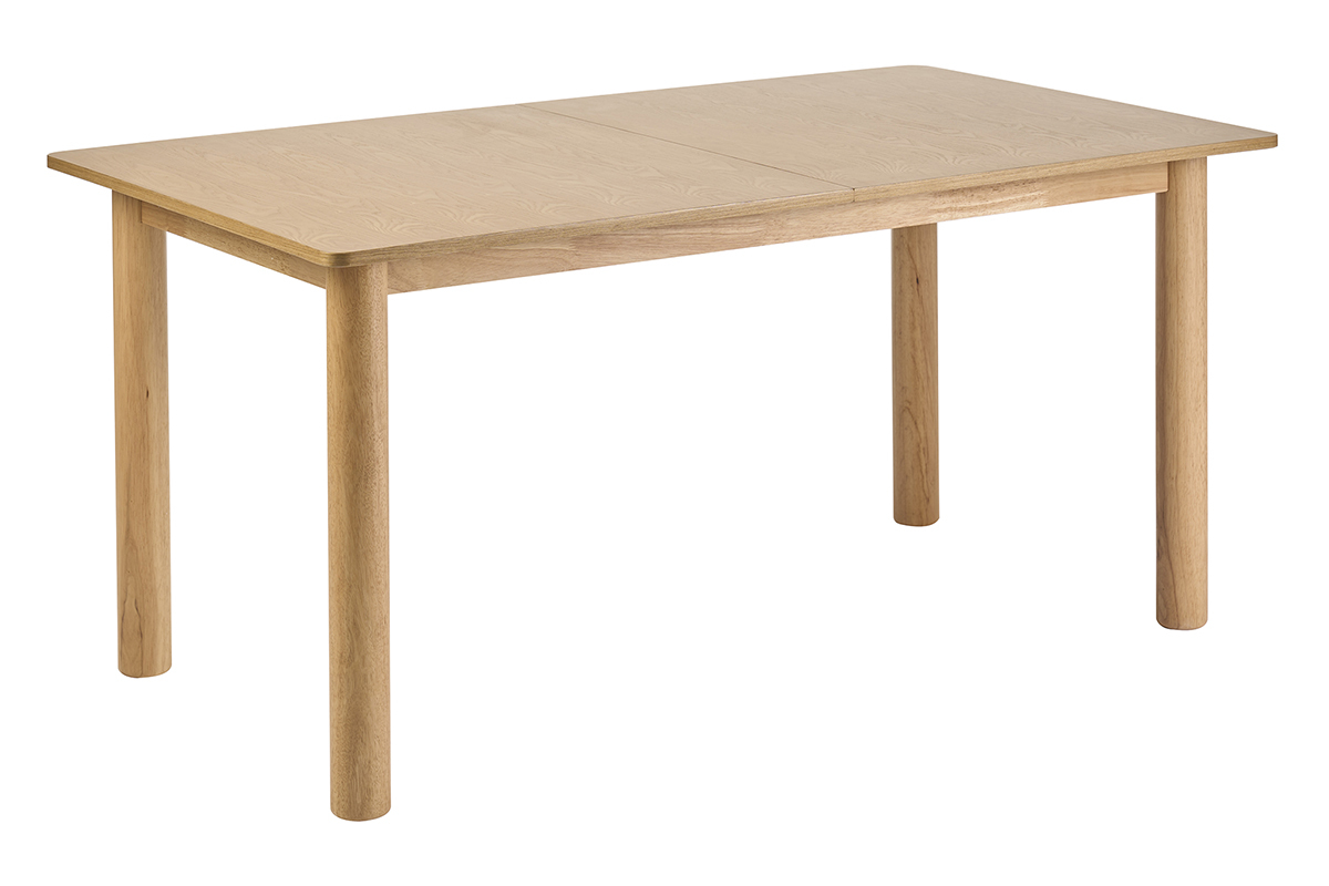 Tavolo da pranzo rettangolare allungabile in legno chiaro, vista a 3/4, dimensioni L160-210 cm.