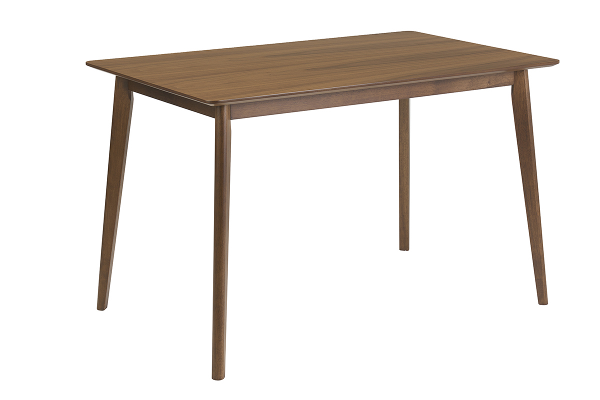 Tavolo da pranzo rettangolare in legno scuro noce, vista a 3/4, dimensioni L120 x P75 cm.