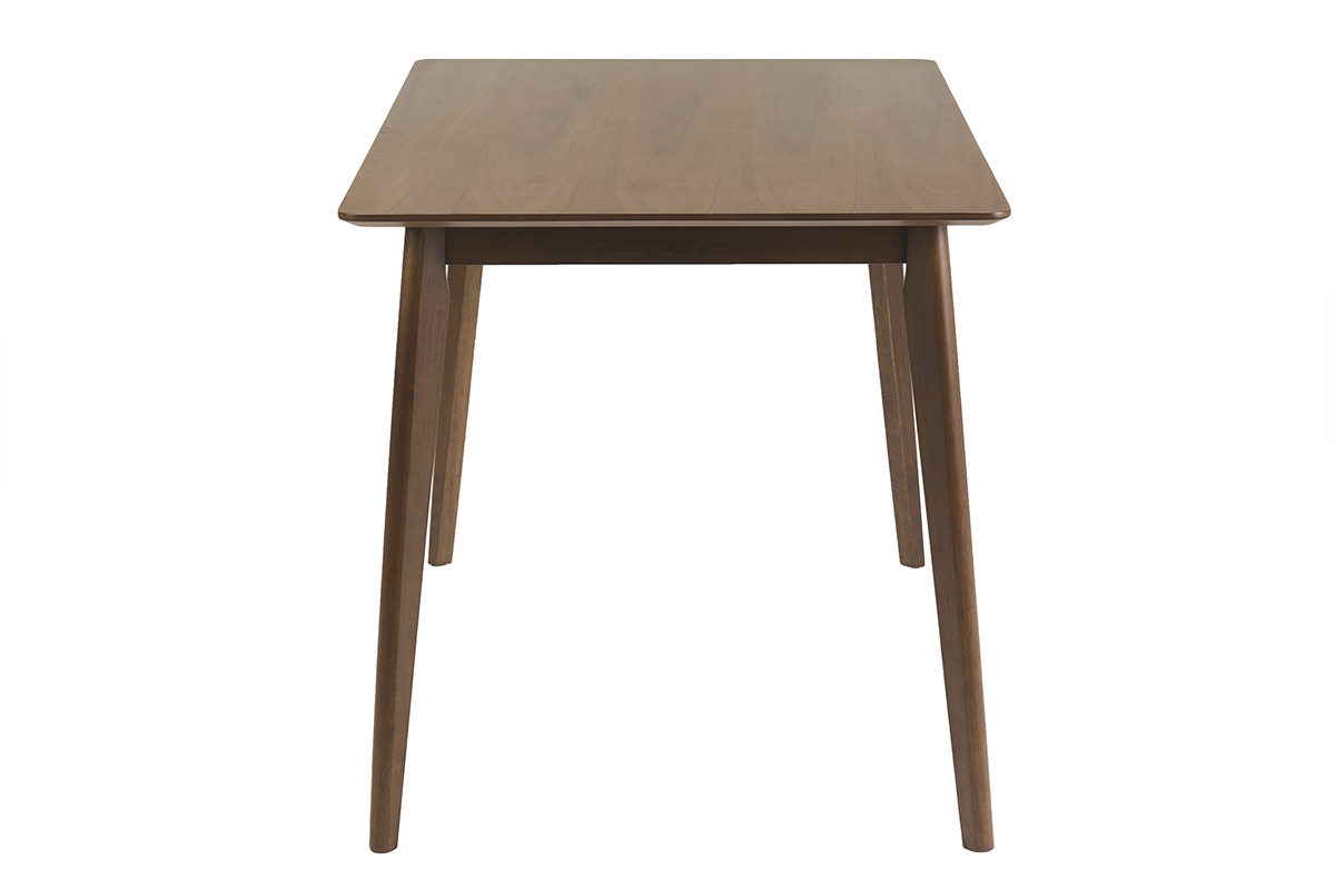 Tavolo da pranzo rettangolare in legno di noce scuro, vista laterale, dimensioni L120 cm.