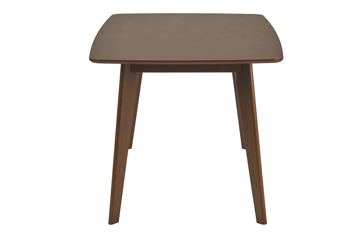 Tavolo da pranzo rettangolare scandinavo in legno scuro, vista di profilo, dimensioni L150 cm.