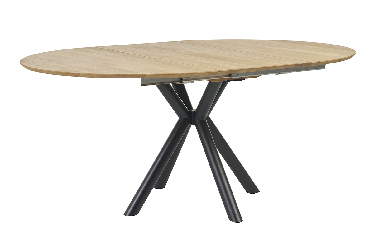 Tavolo da pranzo rotondo allungabile in legno chiaro e metallo, vista da 3/4.