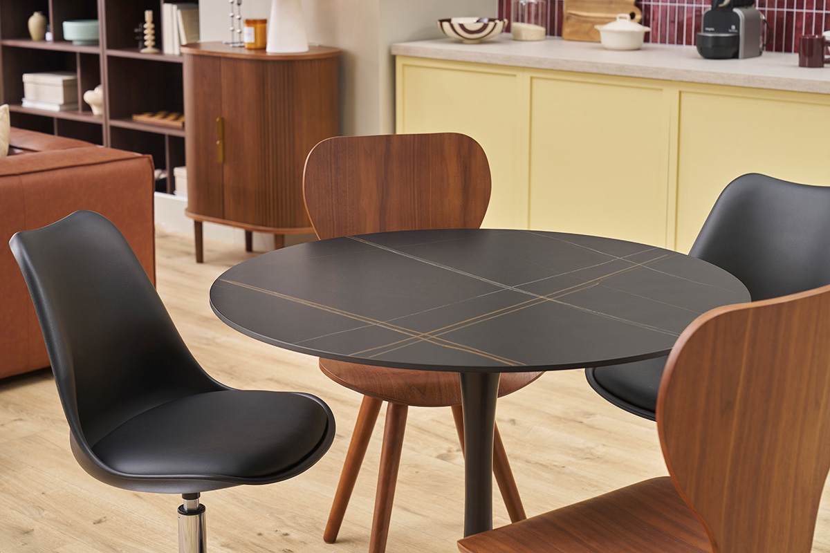 Tavolo da pranzo rotondo design in ceramica nera e metallo D90 cm MALOU