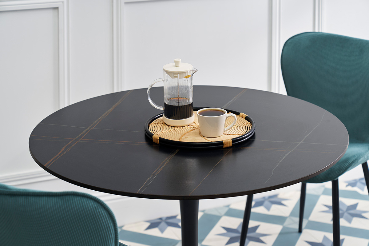 Tavolo da pranzo rotondo design in ceramica nera e metallo D90 cm MALOU