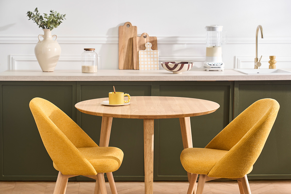 Tavolo da pranzo rotondo in legno chiaro di quercia massello D90 cm OKSANA