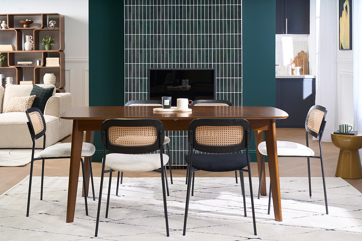 Tavolo da pranzo scandinavo allungabile con prolunghe integrate in legno scuro noce L168-228 cm LEENA