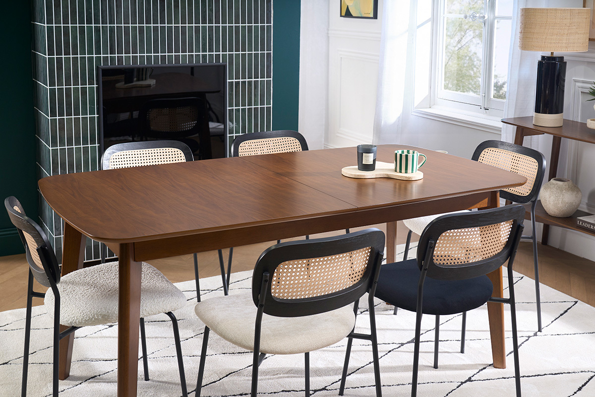 Tavolo da pranzo scandinavo allungabile con prolunghe integrate in legno scuro noce L168-228 cm LEENA