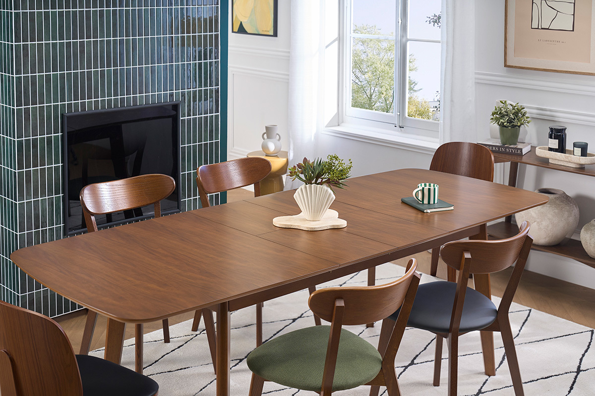 Tavolo da pranzo scandinavo allungabile con prolunghe integrate in legno scuro noce L168-228 cm LEENA