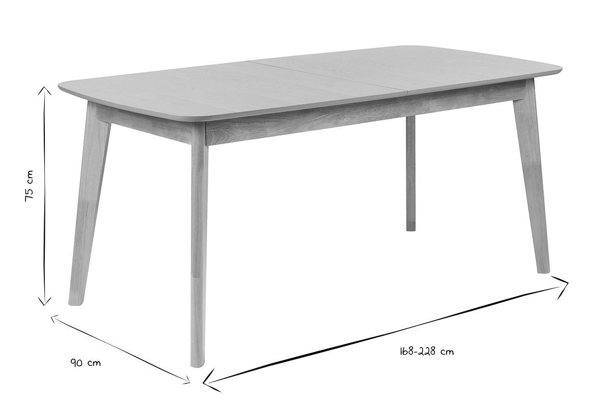 Tavolo da pranzo scandinavo allungabile in legno chiaro con dimensioni 75x90x168-228 cm in bianco e nero.