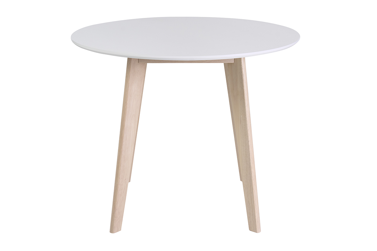 Tavolo rotondo scandinavo in legno di hevea e piano bianco, vista frontale