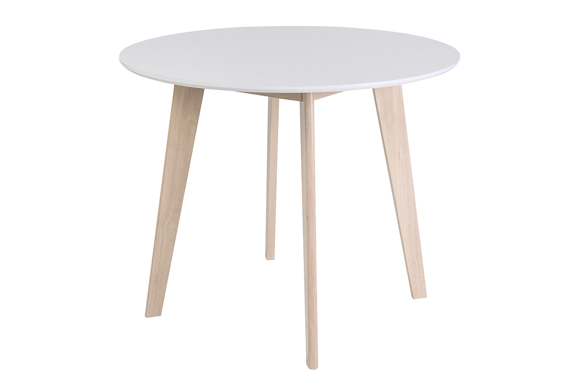 Tavolo scandinavo rotondo bianco con gambe in legno, D100 cm, vista 3/4