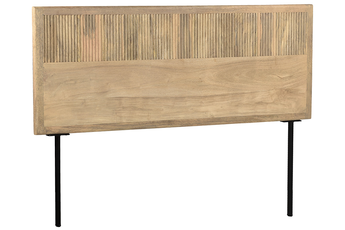 Testata letto a muro in legno massello di mango con incisioni e metallo nero L160 cm MORISSON