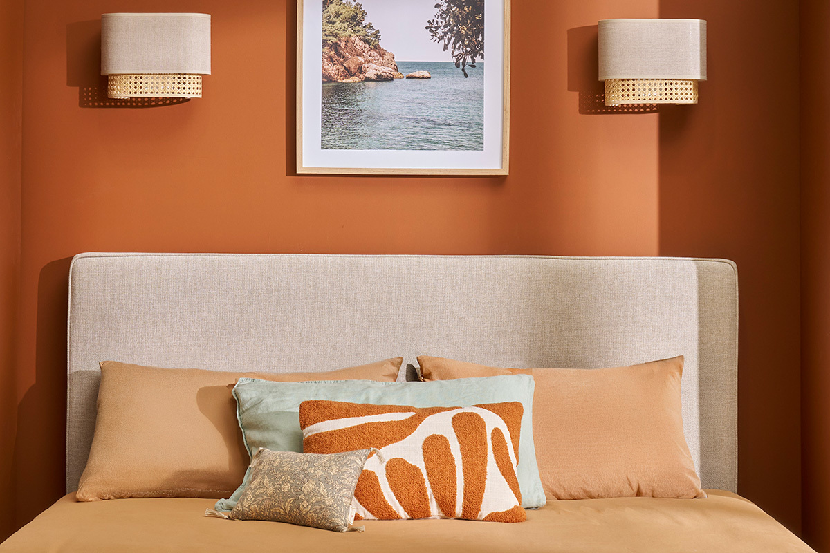 Testata letto a muro in tessuto beige L160 cm LILY