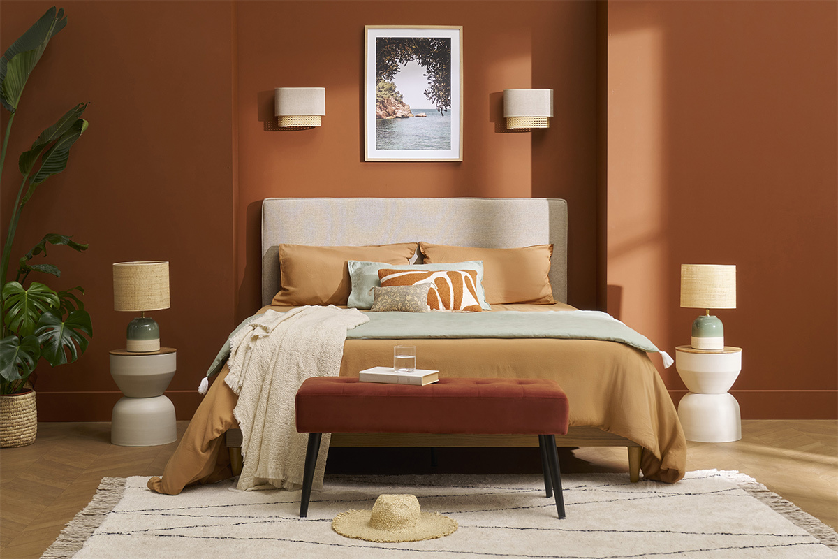 Testata letto a muro in tessuto beige L160 cm LILY