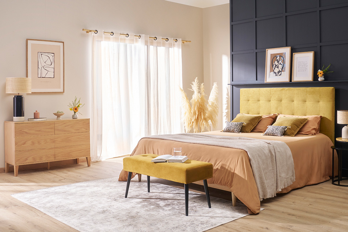 Testata letto capitonn effetto velluto giallo 160 cm HALCIONA