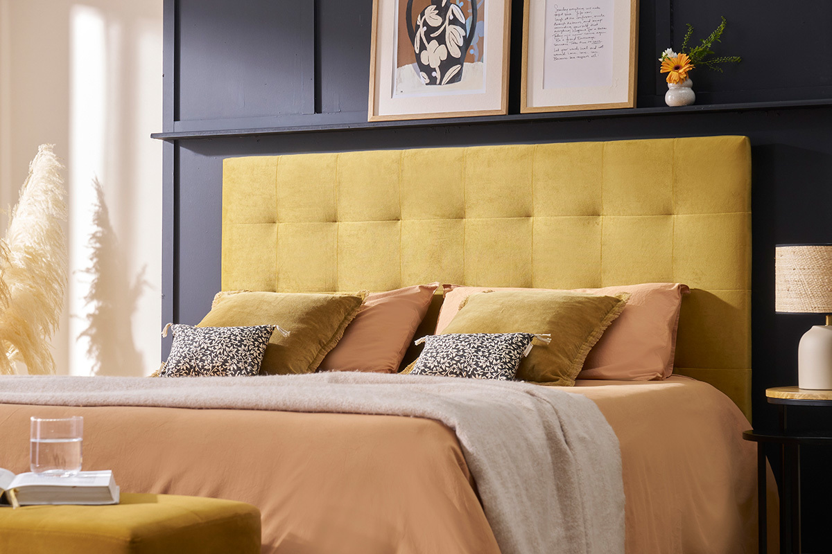 Testata letto capitonn effetto velluto giallo 160 cm HALCIONA