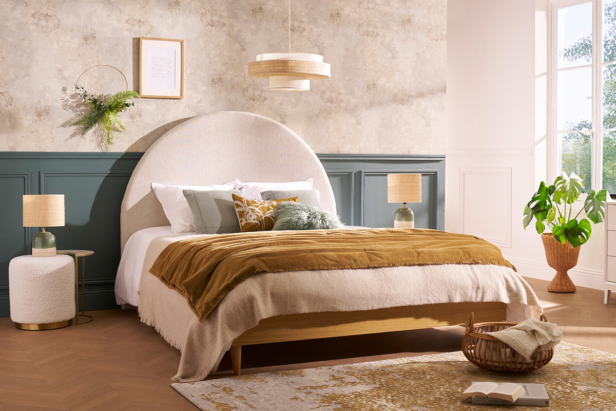 Testata letto rotonda in tessuto beige L160 cm NAOMY