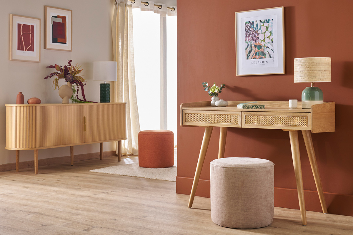 Ufficio design con 2 cassetti in legno chiaro e intreccio di midollino L105 cm ELSY