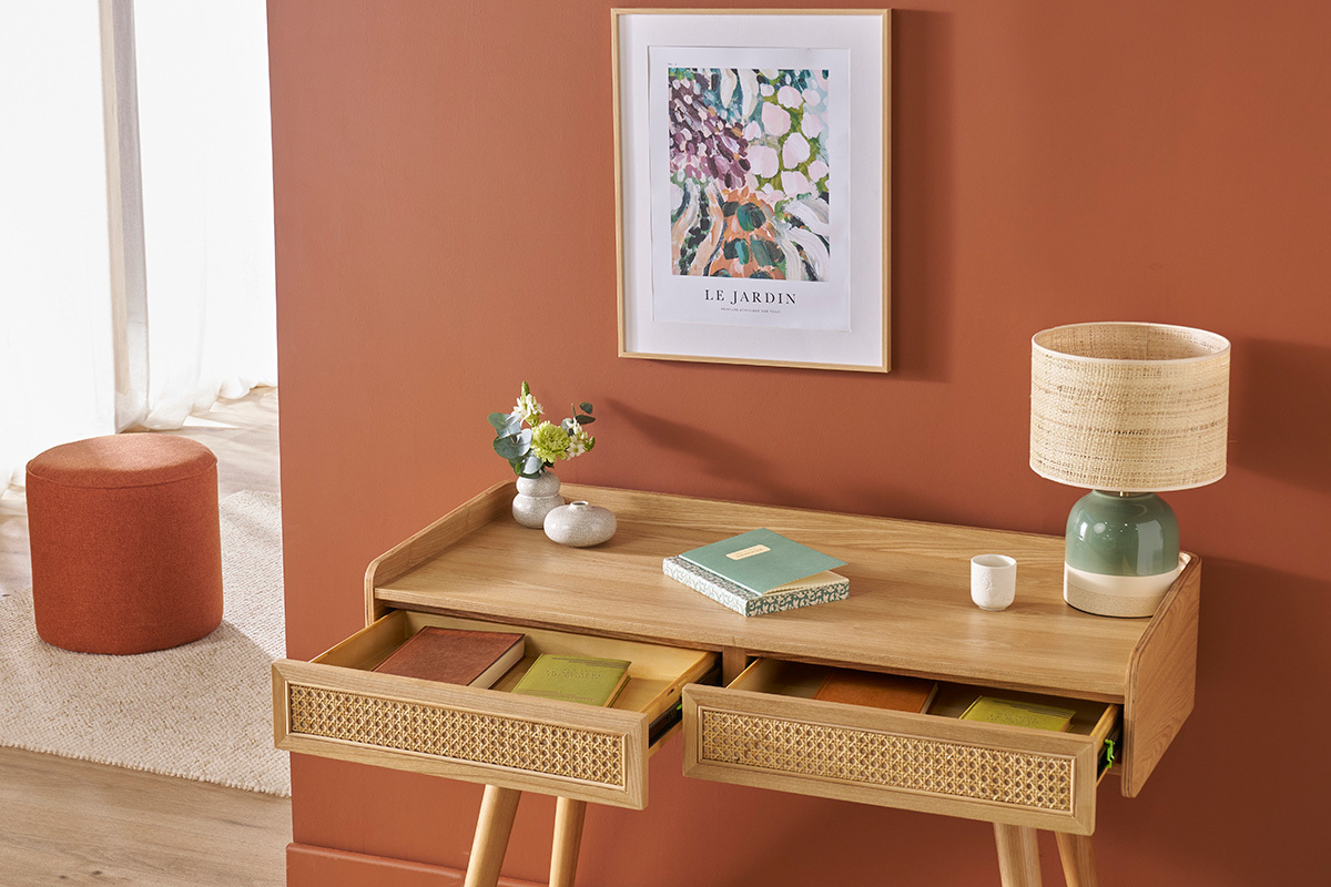 Ufficio design con 2 cassetti in legno chiaro e intreccio di midollino L105 cm ELSY