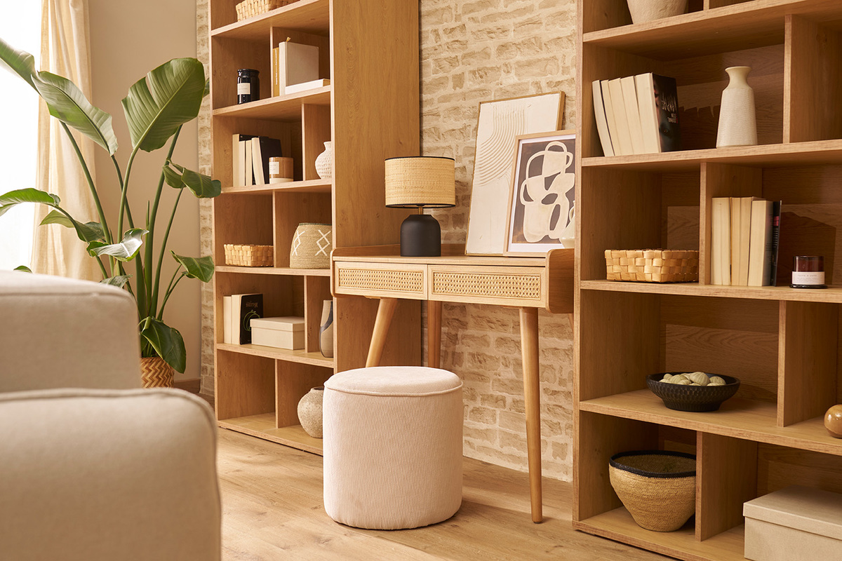 Ufficio design con 2 cassetti in legno chiaro e intreccio di midollino L105 cm ELSY