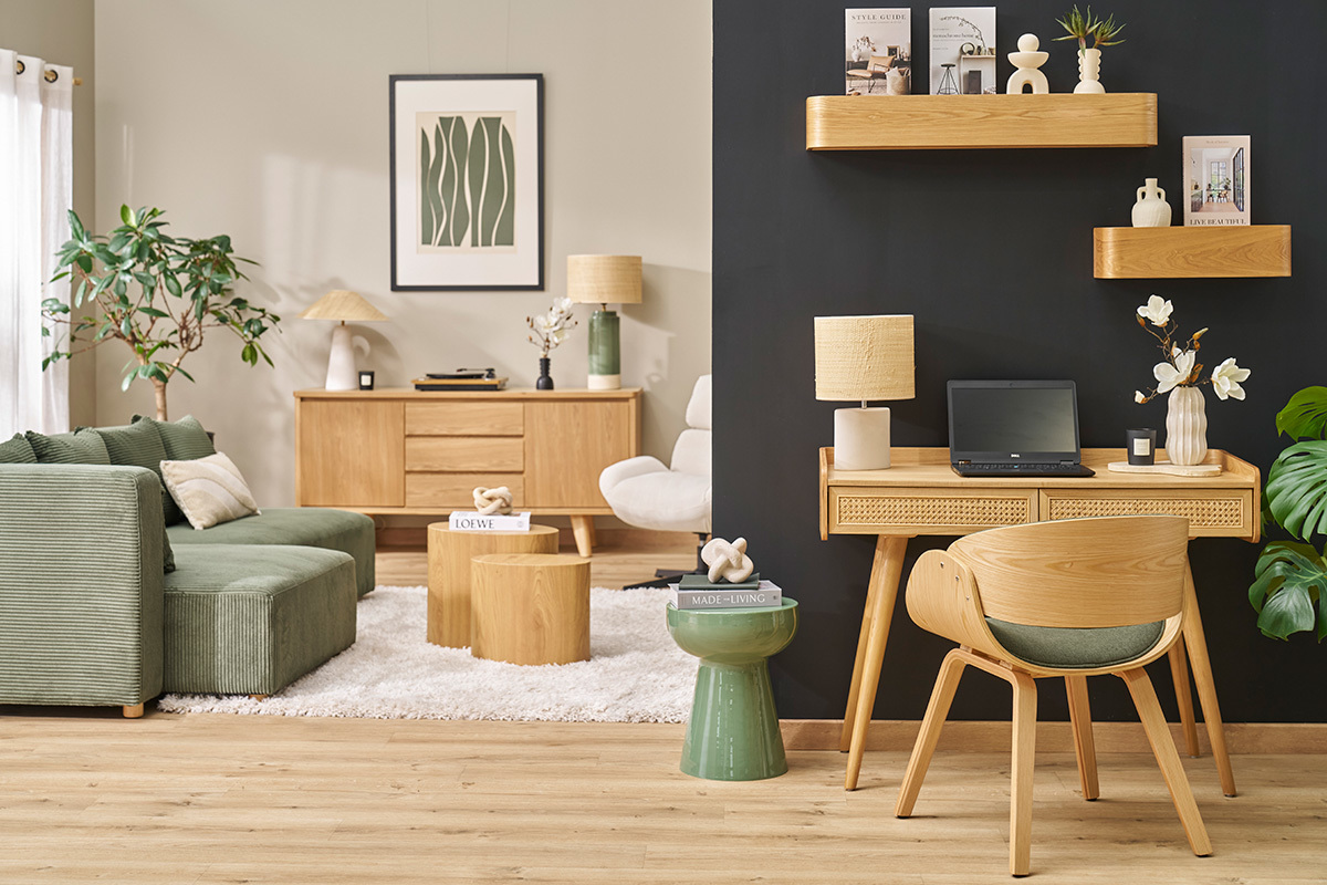 Ufficio design con 2 cassetti in legno chiaro e intreccio di midollino L105 cm ELSY