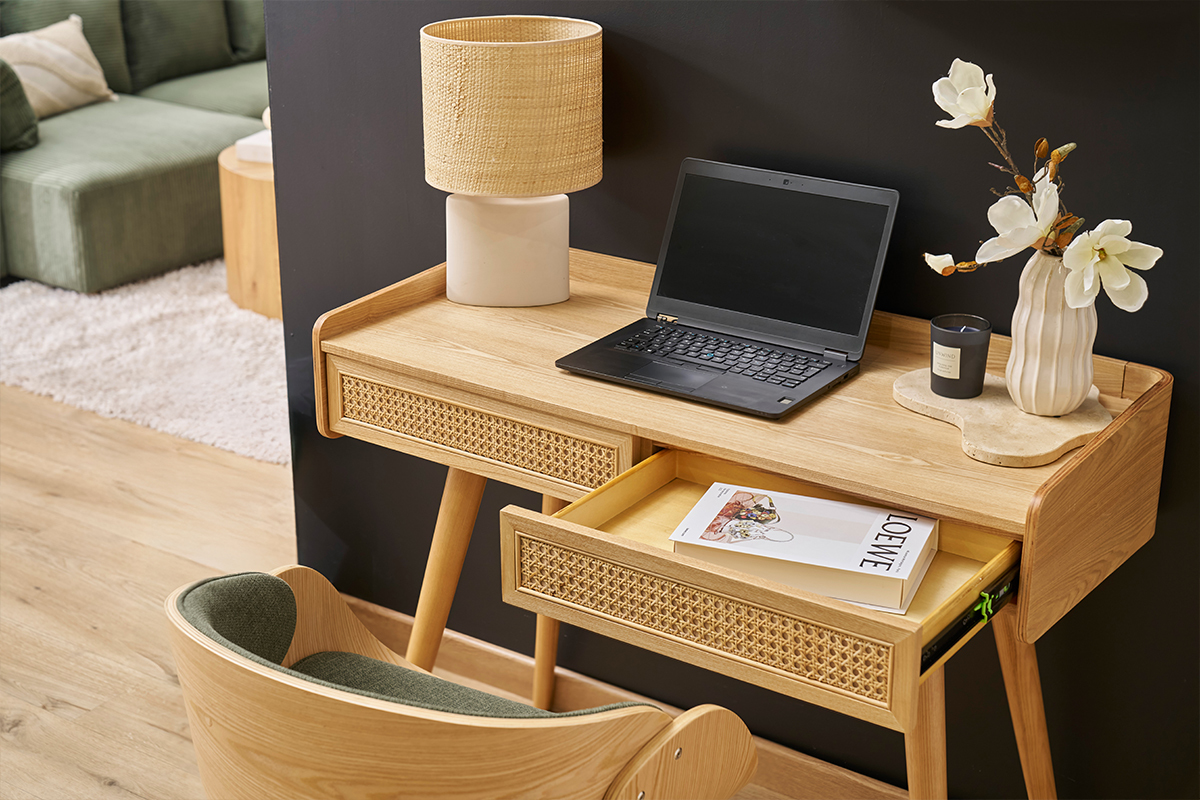 Ufficio design con 2 cassetti in legno chiaro e intreccio di midollino L105 cm ELSY