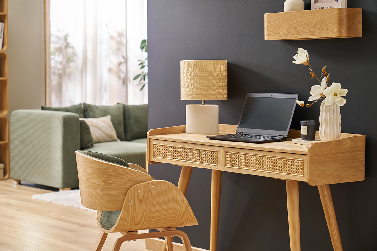 Ufficio design con 2 cassetti in legno chiaro e intreccio di midollino L105 cm ELSY