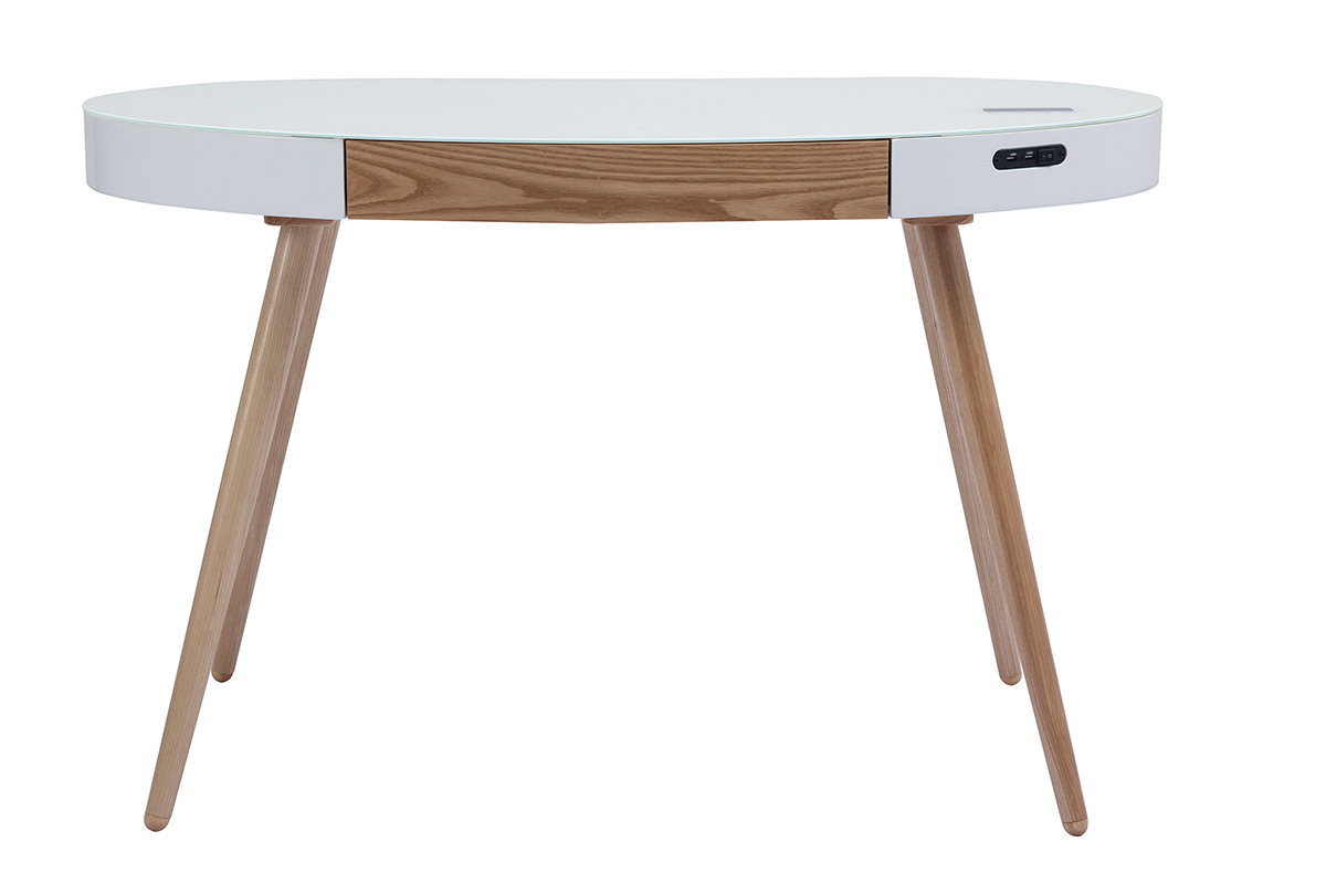 Ufficio multimediale connesso in vetro bianco e legno chiaro L120 cm HANDY