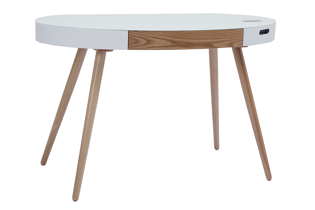 Ufficio multimediale connesso in vetro bianco e legno chiaro L120 cm HANDY