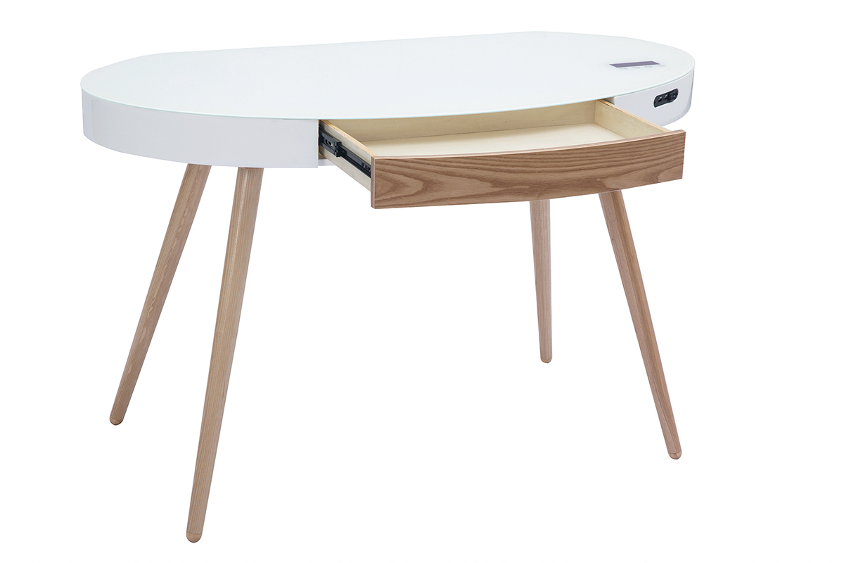 Ufficio multimediale connesso in vetro bianco e legno chiaro L120 cm HANDY