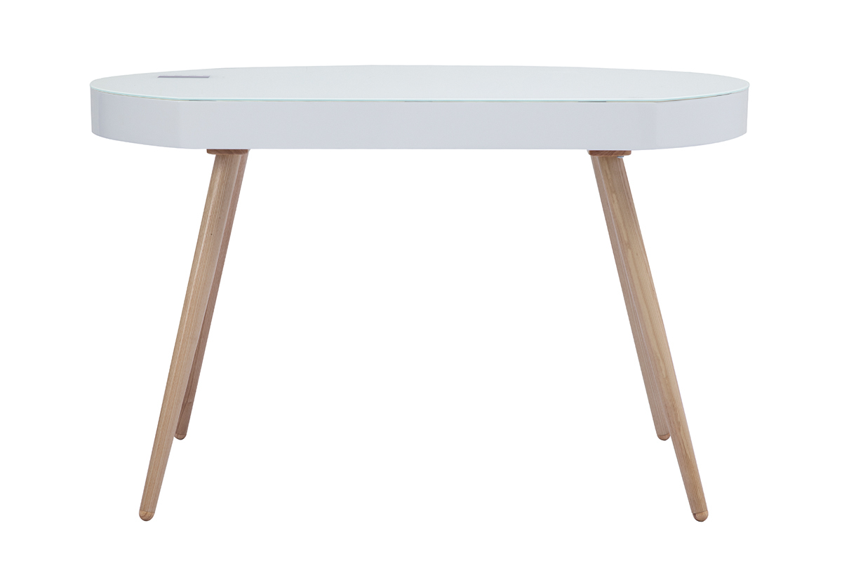 Ufficio multimediale connesso in vetro bianco e legno chiaro L120 cm HANDY
