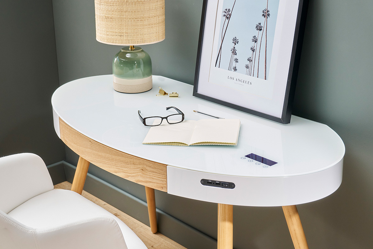 Ufficio multimediale connesso in vetro bianco e legno chiaro L120 cm HANDY