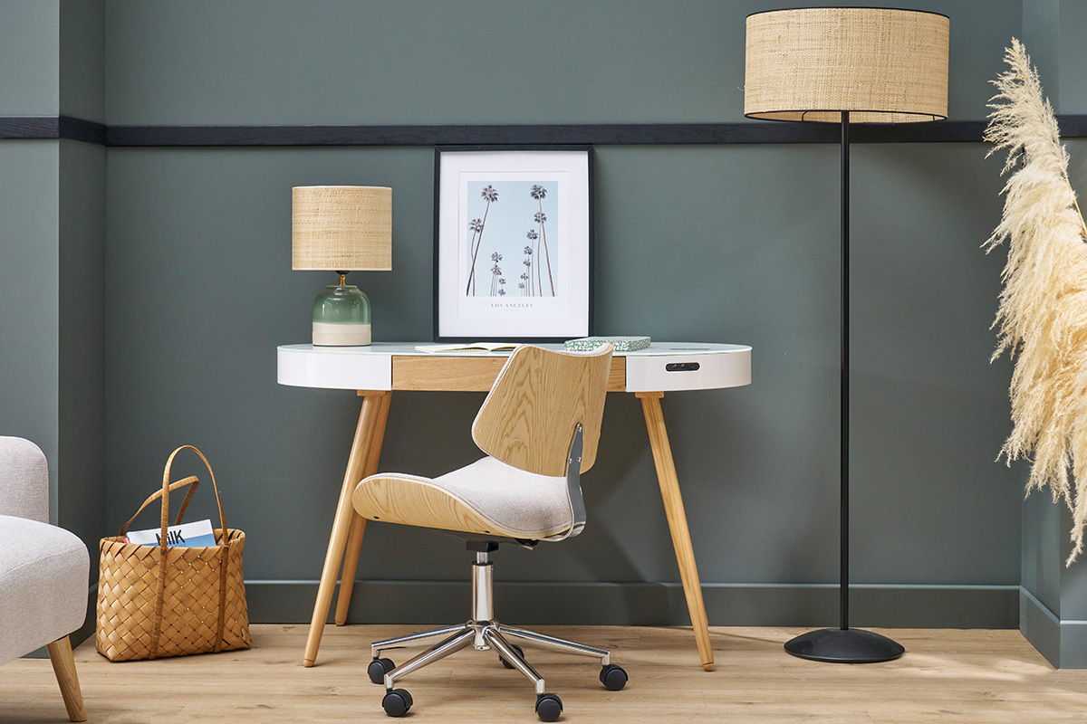 Ufficio multimediale connesso in vetro bianco e legno chiaro L120 cm HANDY